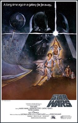 The original poster of Star Wars: A New Hope.  Luke Skywalker stands in the foreground holding up his lightsaber surrounded by princess Leia and the droids R2-D2 and C-3PO.  behind him is a bust of Darth Vader and the Death Star.  the lower third of the poster is white with the film information and title on it in the traditional Star Wars Style.