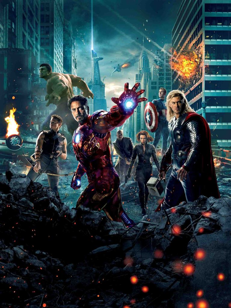 The Avengers movie poster with no text.  Ironman stands in the foreground with his hand reaching towards the viewer.  behind him in progression into the ackround are Thor, Black widow and Hawkeye, Captain America, The Hulk, all set against the skyline of New York City as it is getting destroyed by alien attacks.