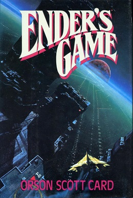 Ender's Game Book Cover.  The title is in white at the top of the book cover with Orson Scott Card's name across the bottom.  everything is set against a large spaship with a planet in the distance.