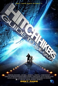 placeholder. hitchhikers guide to eh the galaxy movie poster. the title sits on an angle in the center foreground in front of the planet earth in space and above a long platform lit from both sides by small lights.  two figures stand at the end of the platform.